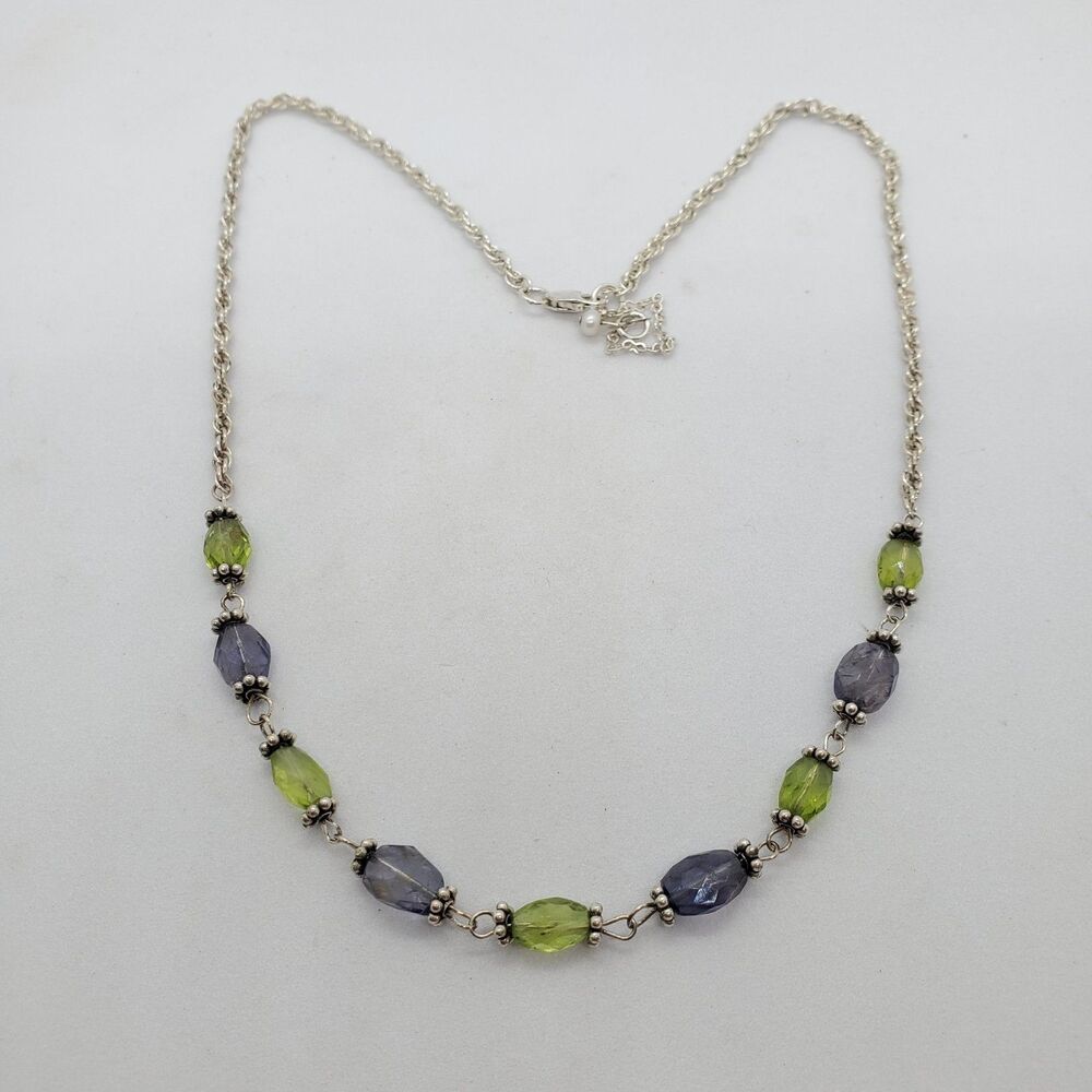 Sterling Silver 16 to 18" Necklace Green and Purple 925